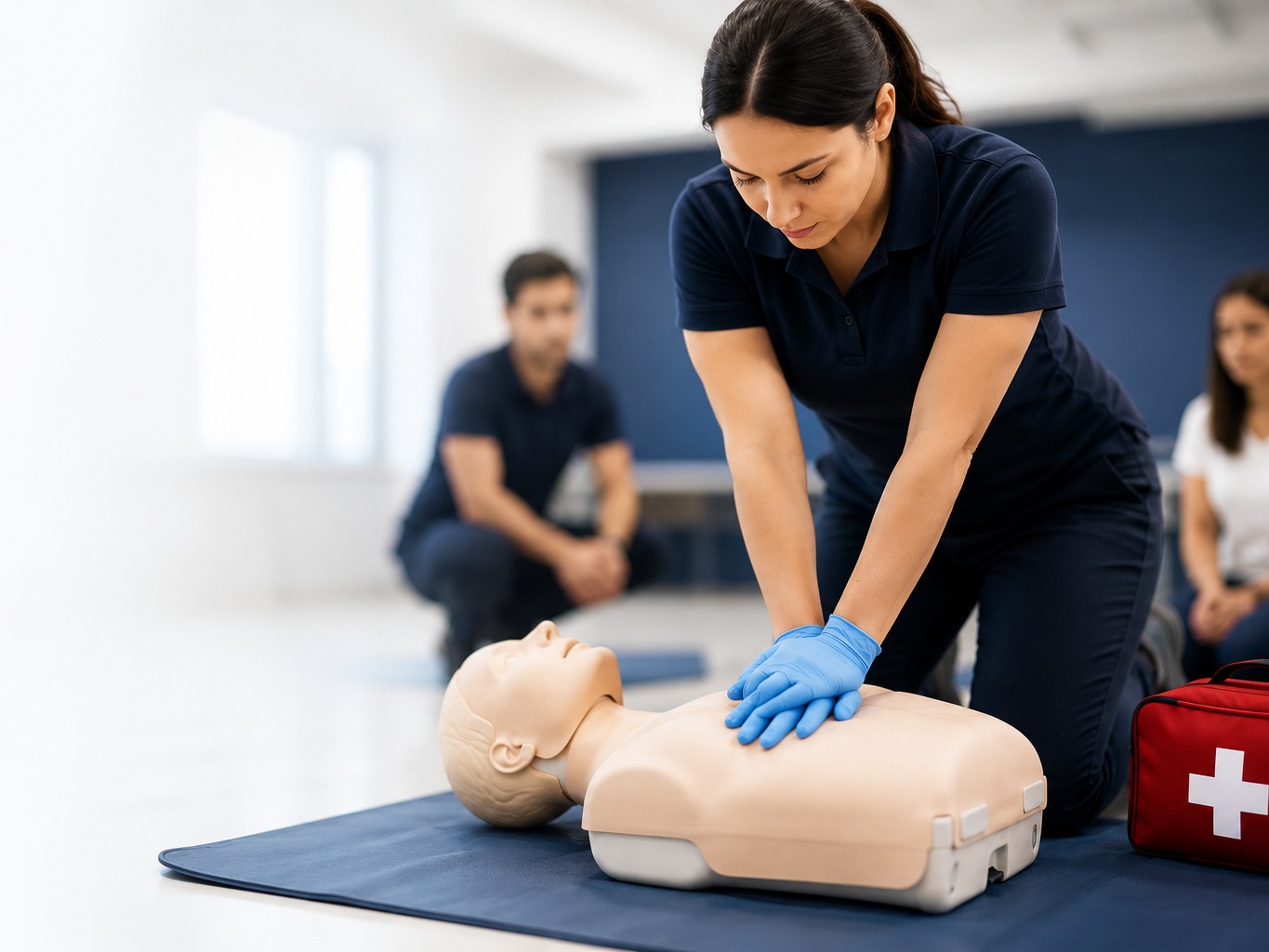 CPR training class with instructor and students